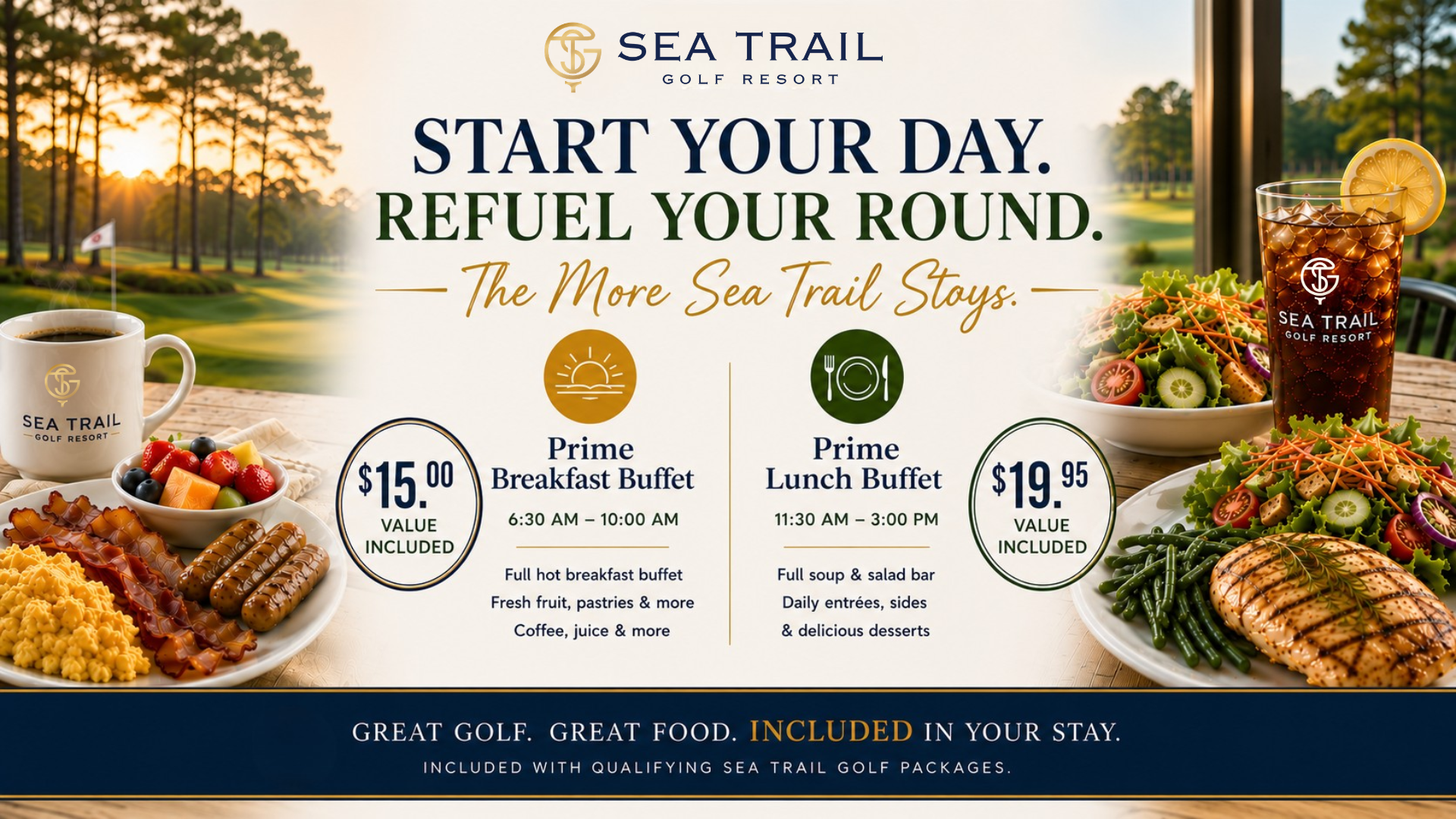 sunset prime breakfast & lunch buffet-sea trail golf resort-golf trips- north carolina golf